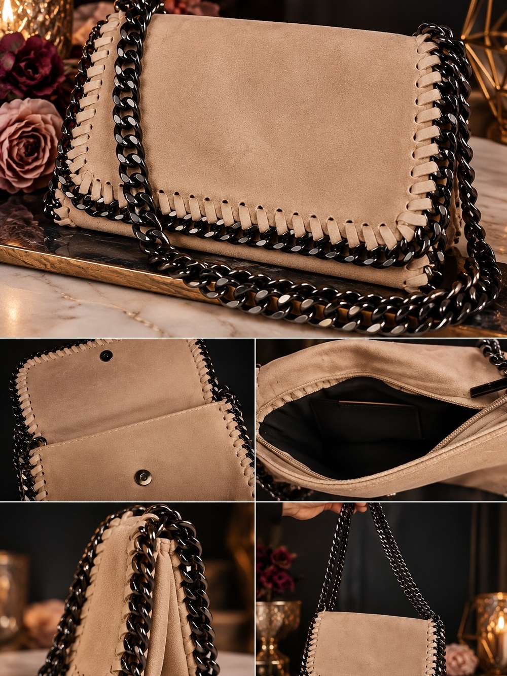 Suede Whipstitch Chain Shoulder Bag - Beige!!